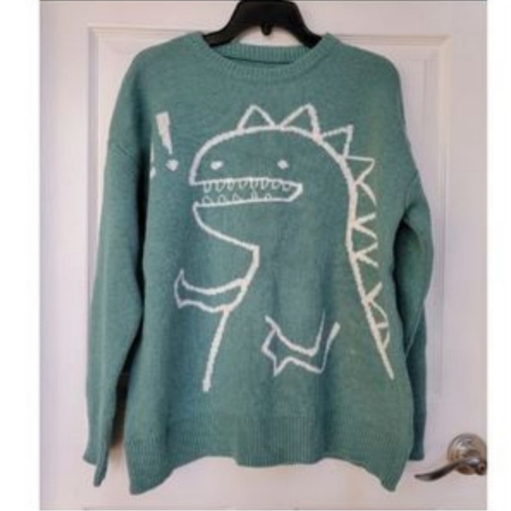 Dinosaur Print Wool Blend Sweater L Unisex - Picture 3 of 3
